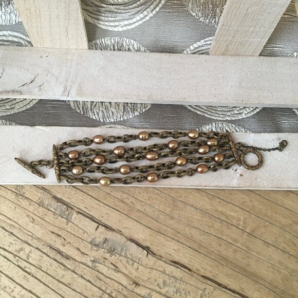 Stephen Dweck 5 Strand Bronze Link Bracelet with Gold Pearls - Picture 9 of 11